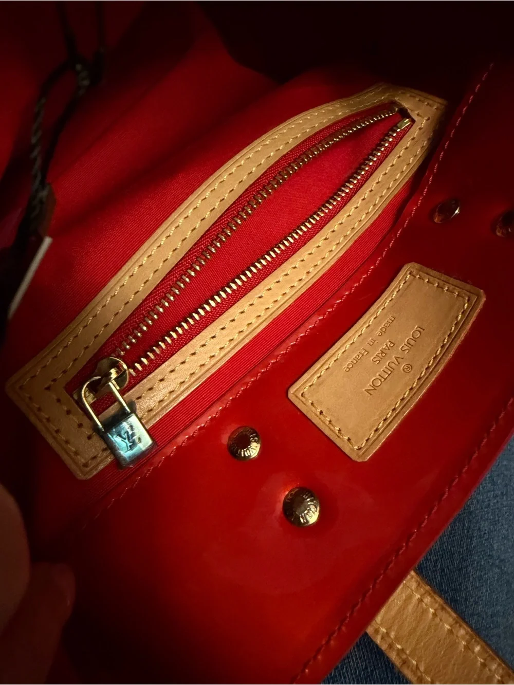 Louis Vuitton Glossy Red Vernis Monogram Tote with Tan Handles
